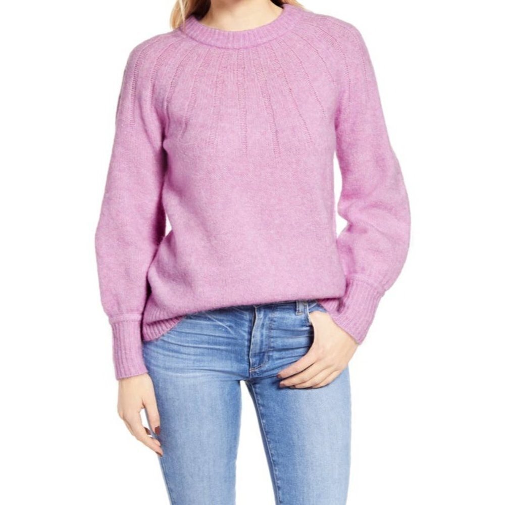 Caslon Womens Pink Tulle Rib Yoke Pullover Plush Crewneck Sweater